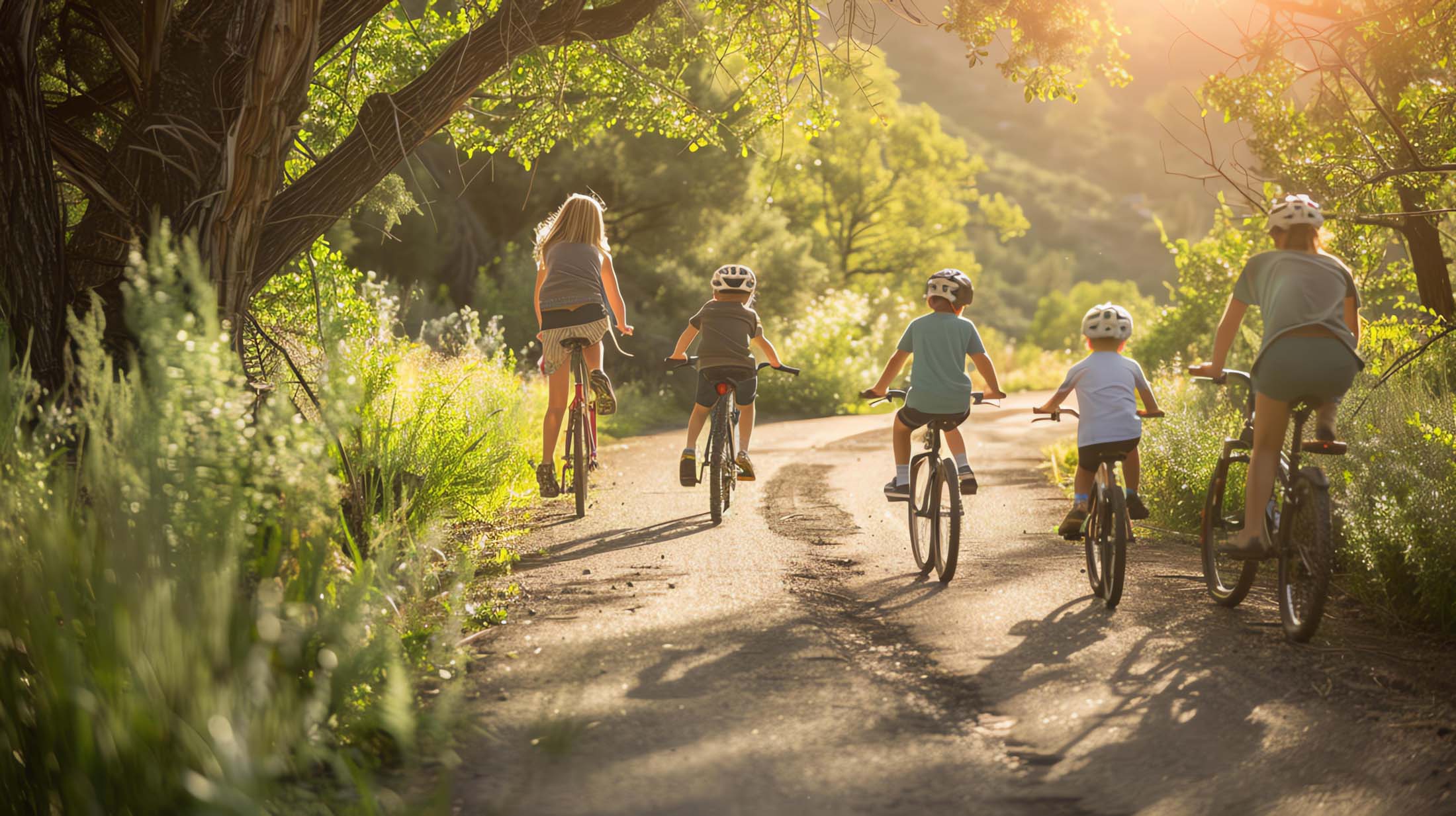 Fahrradtour mit Kindern in der Sommerlandschaft Familie auf Fahrrädern unterwegs auf sonnigem Weg im Sauerland
