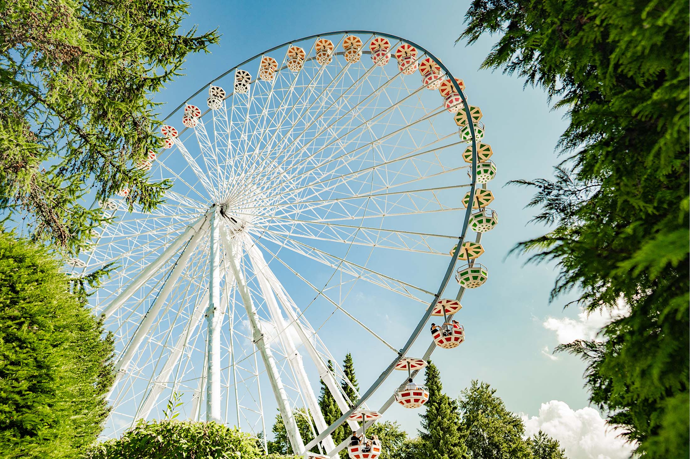 Das Riesenrad Big Wheel im FORT FUN – Ausblick über das Sauerland Weißes Riesenrad zwischen Bäumen im Freizeitpark FORT FUN bei Willingen